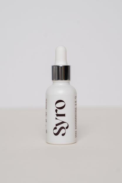 Syro Ultimate Strength Vitamin C Serum with vitamin C, E and ferulic acid, in a glass dropper bottle